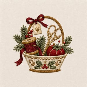 Stickmuster „Weihnachtlicher Nähkorb“, Vintage-Schere, Faden und Nadelkissen, Stickdatei für die Weihnachtsstickerei (PES/DST)