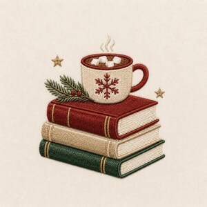 Weihnachtsbücher und heiße Schokolade – Stickmuster, Gemütlicher Lesestapel für den Winter, Festliche Maschinenstickerei, DST PES JEF