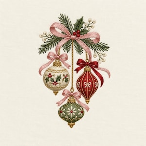 Puede incluir: Un diseño de bordado con tres adornos colgantes en crema, rojo y verde. El adorno crema tiene hojas de acebo, el rojo tiene lazos blancos y el verde tiene flores blancas. Están atados con cintas rosas y ramas de pino.
