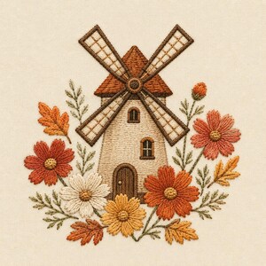 May include: An embroidery design on cream fabric featuring a central windmill with a brown roof and blades, surrounded by a colorful arrangement of orange, red, and white flowers, green stems, and autumn-toned leaves in a detailed stitch pattern.
