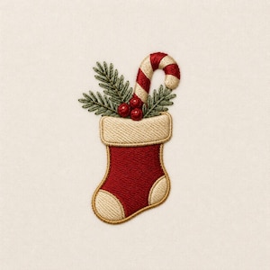 May include: An embroidered Christmas stocking patch featuring a deep red body with cream-colored toe and heel sections. The top cuff is cream-colored, and the stocking is filled with green pine needles, three small red berries, and a red and white candy cane.