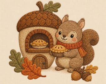 Könnte beinhalten: Ein Stickmotiv mit einem braunen Eichhörnchen, das einen orangefarbenen Schal trägt und einen kleinen Kuchen hält. Neben dem Eichhörnchen steht ein eichelförmiges Haus mit einem Kuchen darin. Das Bild zeigt zwei Eichenblätter und zwei Eicheln.