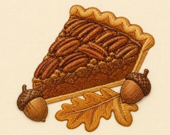 Peut inclure: Un écusson brodé représentant une part de tarte aux noix de pécan avec une croûte dorée et une garniture texturée. Le motif comprend deux glands bruns et une feuille de chêne dans des tons beige et brun, le tout sur un tissu crème.