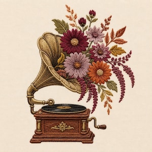 May include: An embroidery design featuring a vintage gramophone with a gold horn, from which a vibrant bouquet of maroon, pink, and orange flowers and green leaves emerges. The gramophone has a brown wooden base with a black record and a hand crank.