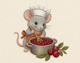 Peut inclure: Une broderie représentant une souris grise portant une toque de chef blanche et un tablier orange. La souris remue une marmite grise remplie de baies rouges avec une cuillère en bois. Un petit groupe de feuilles vertes et de baies rouges est posé.