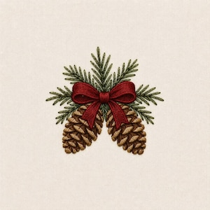 May include: An embroidery design featuring two brown pinecones positioned side by side, accented with dark green pine needles and a central deep red bow. The detailed stitching creates a textured appearance on a plain, light-colored fabric background.