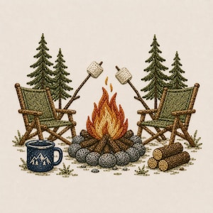May include: An embroidered image of a campfire scene. Two green chairs face a fire with two marshmallows roasting above it. A blue mug with a mountain design, two pine trees, and logs complete the camping scene.