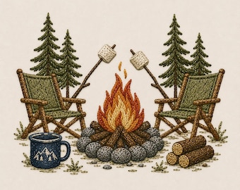 Campfire Camping Embroidery Design, Rustic Outdoor Camp Scene, Marshmallow Firepit Embroidery File, Vintage Camping PES DST EXP