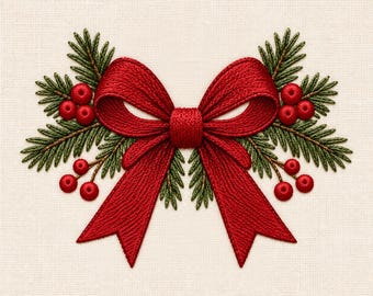 Peut inclure: Un motif brodé représentant un nœud rouge vif centré entre deux grappes symétriques d'aiguilles de pin vertes et de petites baies rouges. La broderie crée un aspect texturé sur un fond en tissu de couleur claire et unie.