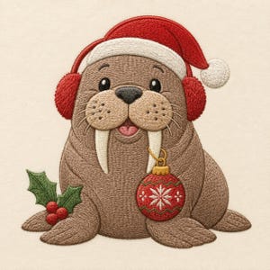 May include: An embroidered walrus wearing a red Santa hat and red earmuffs. The brown walrus has white tusks, one of which holds a red and green Christmas ornament with a white snowflake pattern. A sprig of green holly with red berries is nearby.