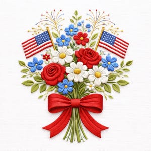 May include: Embroidered bouquet featuring red roses, white daisies, and blue flowers, tied with a red ribbon. Two American flags are placed within the arrangement. The design includes green leaves and gold accents.