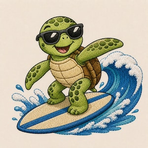 May include: An embroidered illustration of a green sea turtle wearing black sunglasses, smiling while surfing on a tan and blue surfboard. The turtle is positioned in front of a large, stylized blue ocean wave with white foam splashes.