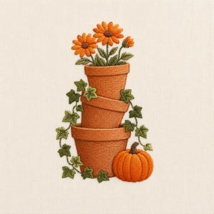 Stacked Terracotta Flower Pots with Ivy and Pumpkin Machine Embroidery Design, Autumn Garden, Instant Download