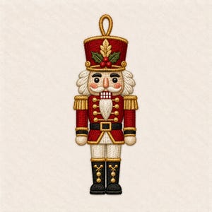 Può includere: Un ornamento a forma di schiaccianoci con ricami dettagliati in filo rosso, oro, nero e crema. La figura indossa un cappello alto con foglie di agrifoglio e bacche rosse, un'uniforme con spalline dorate e stivali neri con lacci dorati.