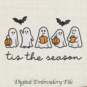 Tis the Season Ghost Embroidery Design, Cute Pink Halloween Stitch with Pumpkin and Bats, Soft Spooky Machine Embroidery File