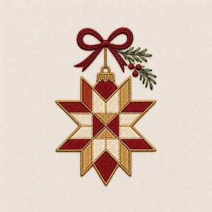 Diseño de bordado de estrella para patchwork navideño, adorno de estrella de patchwork rojo y crema con lazo, archivo de bordado a máquina navideño PES DST