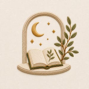 May include: An embroidered patch featuring an arched window frame in beige thread. Inside, a golden crescent moon and four-pointed stars surround an open book with a green leaf sprig on its page. A leafy green branch extends from the right side.