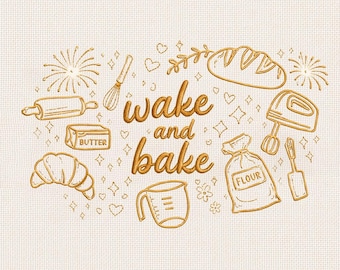 Design de bordado "Wake and Bake", arquivo de bordado para confeitaria, presente para padeiro, design para pano de prato, bordado à máquina, download instantâneo