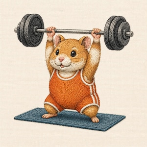 May include: An embroidered illustration of a brown hamster wearing an orange athletic singlet with white trim, lifting a heavy gray barbell with multiple weight plates overhead while standing on a rectangular blue exercise mat on a cream background.