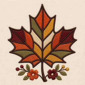 May include: An embroidered maple leaf design featuring segmented sections in shades of orange, yellow, olive green, and deep red, outlined in dark brown thread. At the base of the stem are two small floral sprigs with orange and maroon flowers.