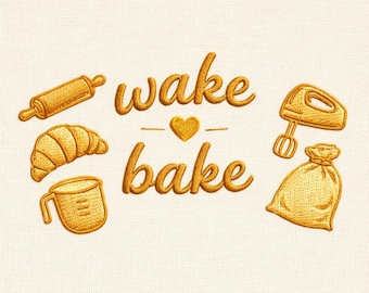 Design de bordado "Wake and Bake", arquivo de bordado para confeitaria, presente para padeiro, design para pano de prato, bordado à máquina, download instantâneo