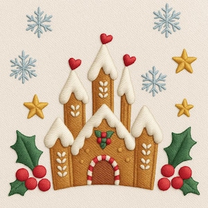 May include: An embroidered gingerbread castle with white icing, red heart accents, and a candy cane archway. The design includes snowflakes, gold stars, holly, and red berries, set against a cream background.