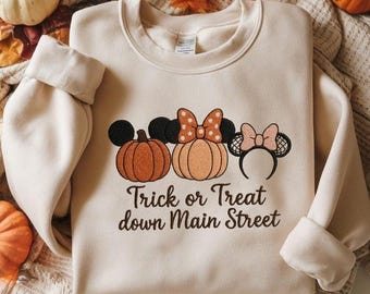 Trick or Treat Down Main Street Embroidery Design, Halloween Mouse Pumpkin Digital File, Fall Disney Inspired Embroidery Pattern PES DST