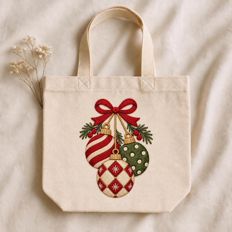 Peut inclure: Un sac fourre-tout en toile couleur cr&egrave;me orn&eacute; d'une broderie repr&eacute;sentant trois boules de No&euml;l suspendues, aux tons rouge, vert et blanc. Les boules sont nou&eacute;es par un ruban rouge et d&eacute;cor&eacute;es de branches de pin vertes et de baies rouges.
