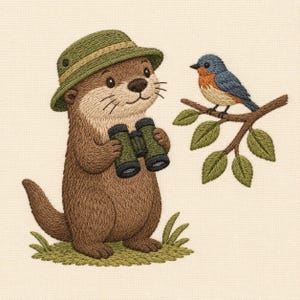May include: An embroidered design featuring a brown otter wearing a green hat and holding black binoculars. To the right, a blue and orange bird with a light-colored chest is perched on a brown tree branch with green leaves. The otter stands on a small patch of green grass.