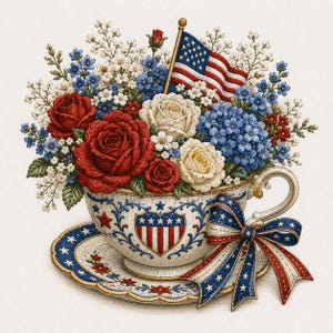 May include: A patriotic floral arrangement in a teacup. The teacup and saucer are decorated with stars and stripes. The arrangement includes red roses, white and blue flowers, and an American flag.