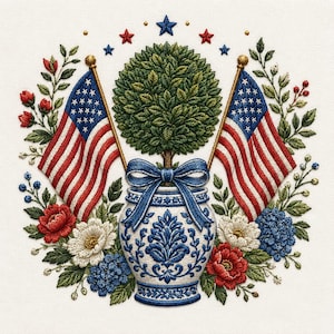 Könnte beinhalten: Gesticktes patriotisches Design mit zwei amerikanischen Flaggen, einem Topiari-Baum und einer blau-weißen Vase. Rote, weiße und blaue Blumen und Sterne umgeben die zentralen Elemente und schaffen eine festliche und dekorative Komposition.