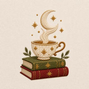 May include: An embroidery design featuring a cream-colored teacup with gold star accents resting on a stack of two books, one green and one red, both decorated with gold stars. Steam rises from the cup, forming a crescent moon shape with stars.