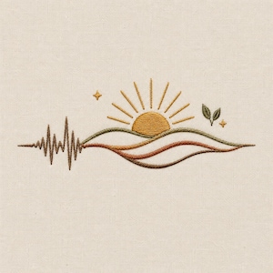 May include: An embroidery design on off-white fabric featuring a brown heartbeat line transitioning into three wavy lines in olive green, terracotta, and brown. Above the waves is a golden yellow sun with rays, two small leaves, and two stars.