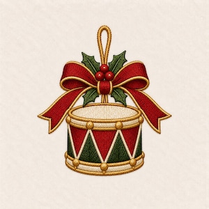 May include: An embroidered ornament featuring a red and green drum with gold trim, topped with a large red bow, three red holly berries, and two green holly leaves. A gold cord loop extends from the top for hanging this festive decoration.