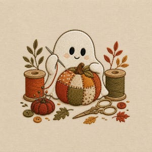 May include: An embroidery design featuring a white ghost stitching a patchwork pumpkin. The scene includes two wooden spools of thread in orange and olive green, a red pumpkin-shaped pincushion with pins, metal scissors, and scattered autumn leaves.