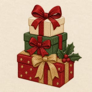 May include: An embroidery design featuring a stack of three rectangular gift boxes. The top box is cream with a red bow, the middle is dark green with a red bow, and the bottom is red with gold polka dots and a gold bow, accented by holly.