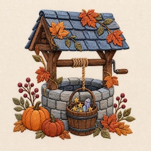 May include: An embroidery design featuring a stone well with a blue shingled roof, wooden supports, and a crank. A wooden bucket filled with yellow stars and crystals hangs from a rope. Two orange pumpkins and autumn leaves surround the base.