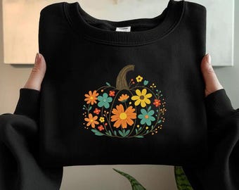 Pumpkin with Flora Embroidery Design, Fall Machine Stitch File, Autumn Stitch Embroidery Design, Machine Embroidery Design, 5 sizes