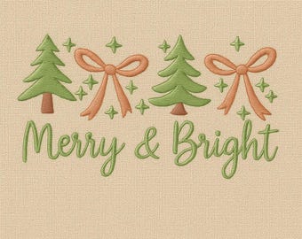 Christmas Tree Embroidery Design, Coquette Bow Embroidery Machine File, Merry and Bright, Machine Embroidery Design, 5 Sizes