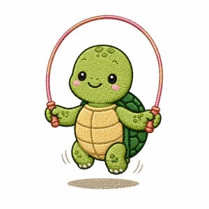 May include: An embroidered patch design of a light green turtle with a yellow plastron and dark green shell, jumping rope with a pink and orange gradient jump rope. The turtle has small dark spots on its head and limbs and pink cheeks.