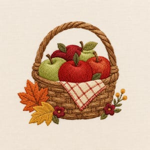 Apple Basket Embroidery Design, Autumn Orchard Harvest Machine Embroidery File, Farmhouse Fall Digital Download