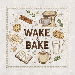 Puede incluir: Ilustración beige con las palabras "WAKE & BAKE" y elementos de repostería. Incluye una batidora, galletas, una taza de café, un vaso de leche, un libro y mantequilla. La palabra "SUGAR" está en una galleta.