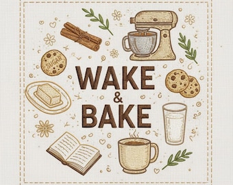 Design de bordado "Wake and Bake", arquivo de bordado para confeitaria, presente para padeiro, design para pano de prato, bordado à máquina, download instantâneo