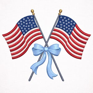 May include: Two embroidered American flags with crossed poles, featuring red and white stripes and a blue field of stars. A light blue bow is centered below the flags, with flowing ribbons. The design is set against a white background.