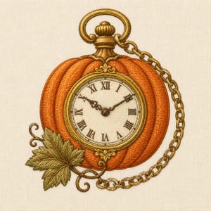 Pumpkin Pocket Watch Machine Embroidery Design, Vintage Autumn Clock Embroidery File, DST PES, Fall Digital Download