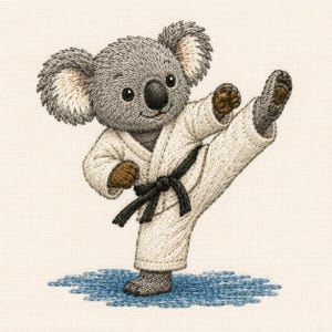 Puede incluir: Un diseño bordado de un koala gris que viste un uniforme de artes marciales blanco con un cinturón negro. El koala está capturado en un movimiento de patada lateral alta, con una pierna extendida hacia arriba. El bordado muestra puntadas detalladas sobre tela clara.