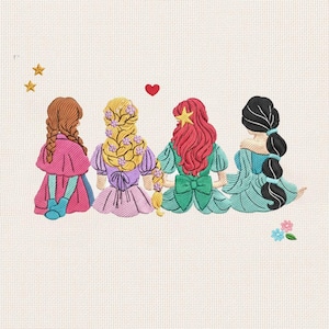 Pode incluir: Obra de arte bordada com quatro figuras com cabelos longos e vestidos coloridos. As figuras estão sentadas, de costas para o espectador. A paleta de cores inclui rosa, roxo, verde e azul. Um coração vermelho e estrelas douradas também estão presentes.