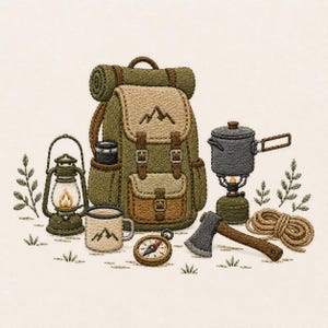 May include: An embroidered illustration of camping gear, including a green backpack with a mountain design, a lantern, a mug, a compass, an axe, a cooking pot, and a coil of rope. The items are arranged on a cream-colored background.
