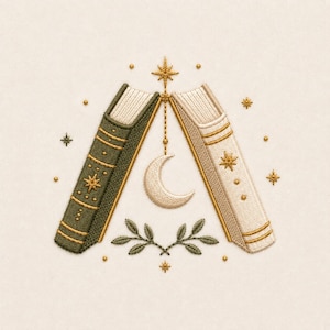 May include: An embroidery design featuring two books leaning against each other, one dark green and one cream, decorated with gold thread stars and lines. A gold crescent moon hangs from a star above, with green leaf sprigs at the base.