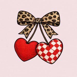 May include: Embroidered design featuring two heart-shaped cherries. One heart is solid red, the other is red and white checkered. A leopard print bow tops the cherries, with brown stems. The design is set against a light pink background.